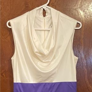 1970s/1980s Vintage cream and purple maxi with cowl neck and bolero jacket.